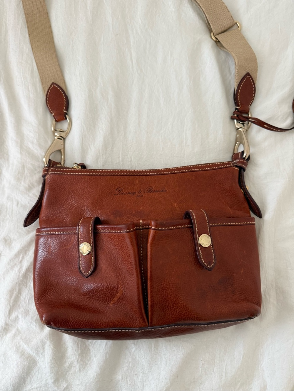 Dooney & Bourke Chestnut Brown Leather Crossbody with Beige Strap